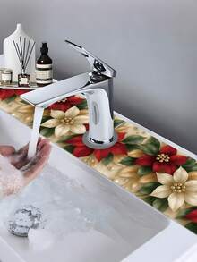 1Pc Christmas Sink Faucet Absorbent Pad,Merry Christmas Dish Drying Mat Including Snowflake,Red White Floral,Gingerbread Man And Christmas Tree Style,10*38/14*60cm Durable And Absorbent Sink Surround Cover,Bathroom And Kitchen Faucet Mat,Christmas Decorations For Home,Xmas Party Decor,Christmas Party Favors,Winter Decorations,Ideal Christmas Decoration Gift,Countertop Protector, Kitchen Sink Mat,Washbasin Protector - Multicolor - View 3