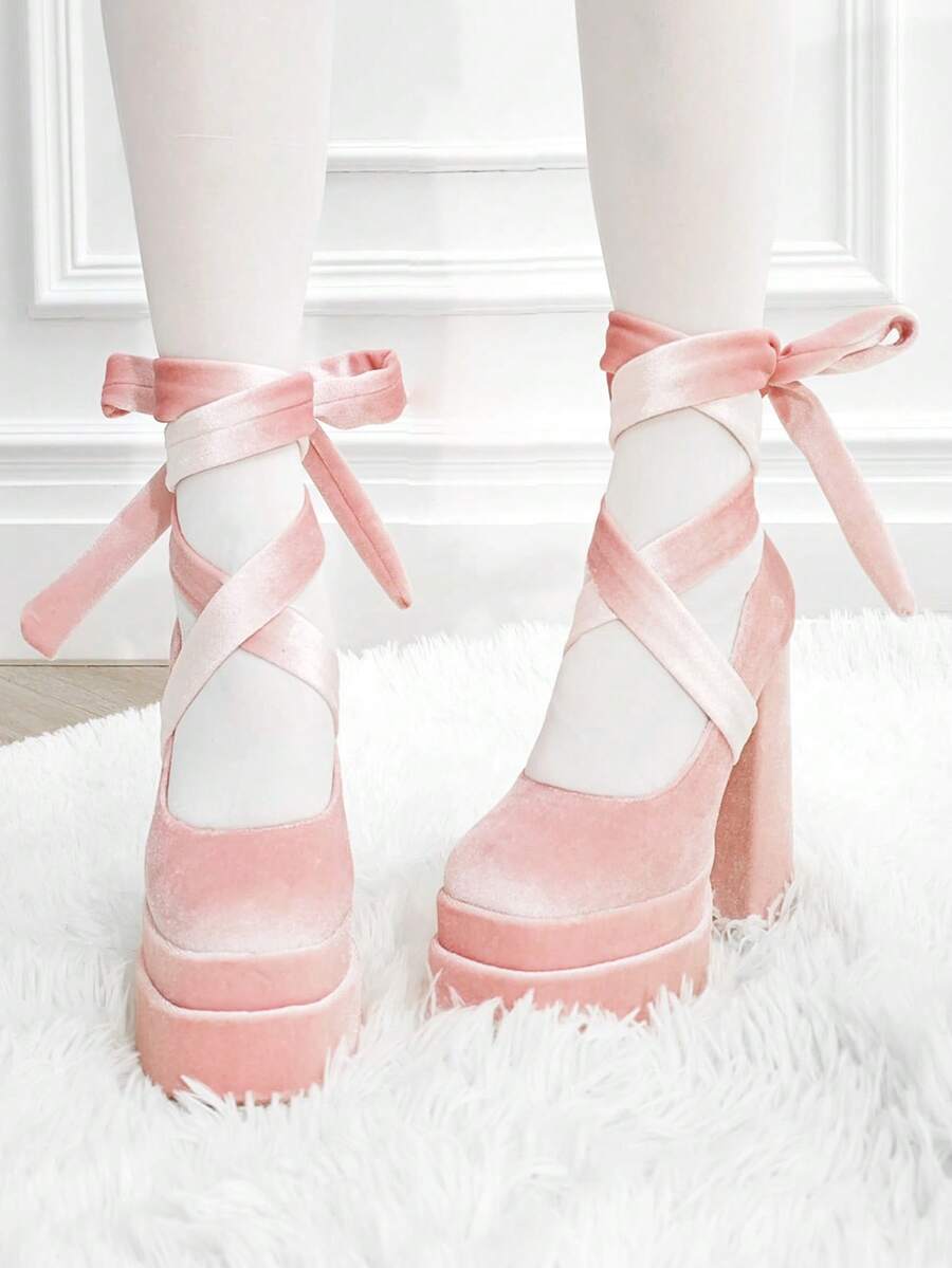 Platform High Heels For Women Goth Sexy Bow Chunky Heel Mary Janes Dressy Ankle Strap Round Closed Toe Y2K Shoes Elegant Outfits Valentine's Day - 粉色 - 查看 1