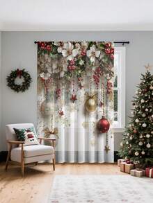 1pc Christmas Floral, Ornament & Decor Printed Polyester Curtain/Door Curtain, Rod Pocket Hanging, Suitable For Holiday Parties, Winter Celebrations, Christmas Decoration - Multicolor - View 1