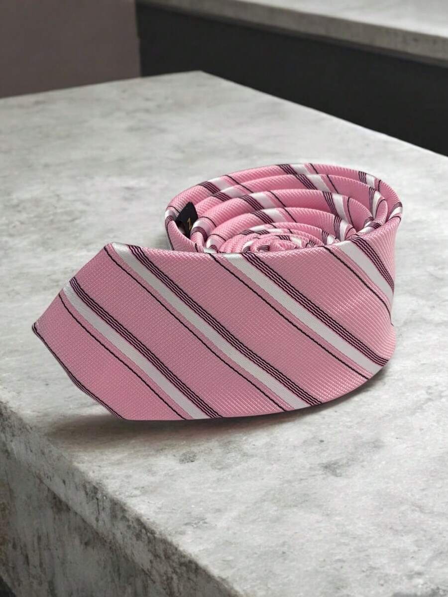 Luxury Men's Skinny Ties Polyester Silk Solid Polka Dot Striped Check Skinny Jacquard Groomsman Tie - 淺粉色 - 查看 1