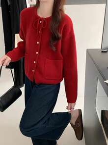 女士秋冬柔软韩版系带蝴蝶结厚款宽松开衫毛衣 - 紅色 - 查看 5