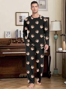 Customized Men/Women/Kids/Pets Cartoon Portrait Interesting Pajama Set, Holiday Gift, Winter,New Year's Eve Outfit - Black - View 5