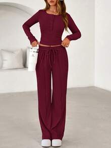 Women's Spring Fall 2 Piece Outfits Lounge Sets Long Sleeve Top Henley Shirts Wide Leg Pants Travel  Sweatsuit Set Women Clothes Home Clothes Going Out Outfits Sports Valentine Vacation Outfit For Women - 酒紅色 - 查看 4