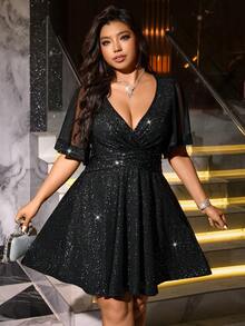 Plus Size V-Neck Cinched Waist Elegant Dress