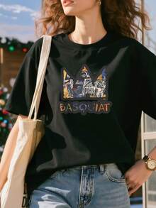 Artists Basquiat Crew Neck Casual Short-Sleeved Shirt Basic Shirt T-Shirt Unisex Cotton Short-Sleeved Shirt - 黑色 - 查看 2