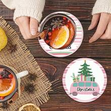 6 piezas/set o 420 piezas/70 sets Posavasos de goma suave redondos absorbentes de 10 cm/2 mm de grosor con estampado de árbol de Navidad y regalo en coche rosa, con parte inferior de goma, adecuados para tazas, decoración de mesa de cocina y comedor, decoración de cocina