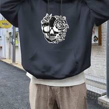 Oversized Men's Gothic Skull Rose Print Hoodie - Heavy 100% Casual Pullover, Loose Street Style With White Gothic Design, Machine Washable Four Seasons Fashion (Black And White Contrast) - Suitable For Concerts And Daily Wear - Black - View 5