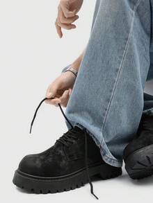 Men's Fashionable Black Thick Sole Lace-Up Casual Dress Shoes, Low-Top Formal Party Vintage Round Toe Elevator Shoes, - Black - View 3