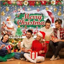 1pc Christmas Background Banner, 82.7*59.1/59.1*39.4/39.4*29.5 Inches Santa Claus Snowman Gingerbread Man Merry Christmas Background Suitable For Christmas Party, Photography Background, Wall Sign, Yard Sign, Winter New Year Christmas Eve Christmas Party Decoration