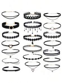 20pcs Gothic Minimalist European And American Style Choker Necklace Set, Short Velvet Necklace, Korean Version