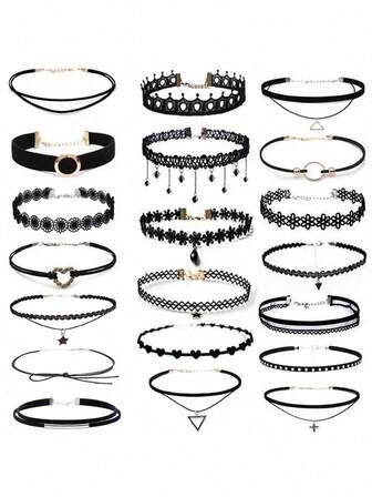 20pcs Gothic Minimalist European And American Style Choker Necklace Set, Short Velvet Necklace, Korean Version