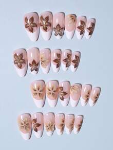 24片杏仁形3D凝胶棕色花朵白色法式美甲贴纸，完美搭配亚克力美甲套装，包含1瓶果冻凝胶和1把指甲锉，适合秋冬季节，可用于日常、工作、学习和派对美甲，适合女性和女孩。 - 棕色 - 查看 3