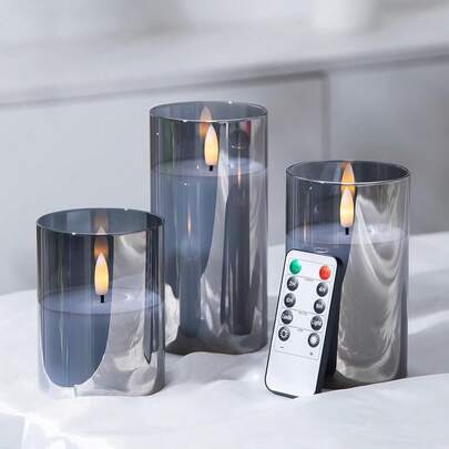 1/3 Pcs Set Flameless Candles With Remote Control And Timer, Flickering LED Candles, Battery Operated, 3D Flickering Flame, 3" X 4", 3" X 5", 3" X 6", Suitable For Wedding, Fireplace, Living Room, Bathroom, Home Decor, Dining Table Centerpiece, Christmas, Gift/Christmas Decoration, Gray