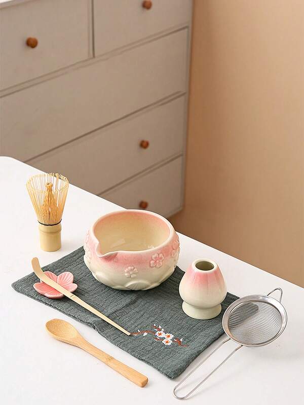 1/4/6/8pcs Pastel Pink Sakura Matcha Bowl Set, Suitable For Making Matcha Latte, Perfect Gift For Matcha Lovers, Song Dynasty Tea Ceremony Tool, Ideal For Matcha Beginners