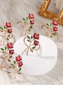 10pcs Floral Napkin Holder Charming Rose Design Reusable Serviette Ring For Weddings Valentine Day And Dinner Parties Elegant Table Decor Accessory - 玫瑰紅 - 查看 11