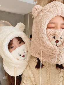 1件冬季毛绒加厚可爱熊毛绒帽子口罩帽子围巾一体式防寒保暖帽 - 彩色 - 查看 3