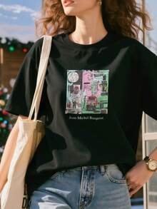 Artists Basquiat Crew Neck Casual Short-Sleeved Shirt Basic Shirt T-Shirt Unisex Cotton Short-Sleeved Shirt - 黑色 - 查看 2