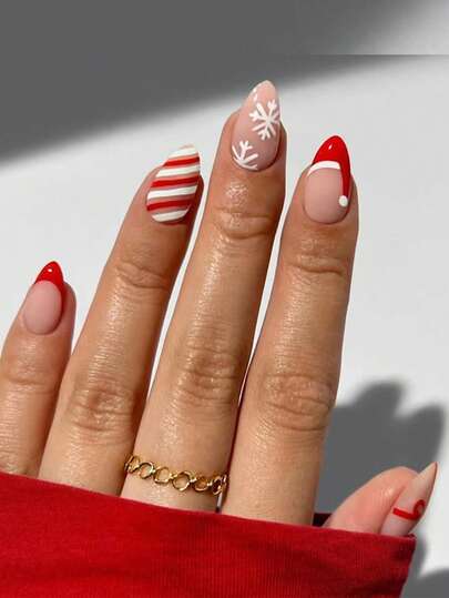 30 Pieces Of Christmas Press Nails, Short Almond-Shaped Nails, Red French Bow Stripes With Snowflake Nails, Christmas Atmosphere False Nail Design, Full Coverage Glossy Rod Nails, Reusable Acrylic False Nails, Suitable For Women's Christmas Nail Decoration Accessories, Snowflake Nail Design: Short Almond-Shaped False Nails