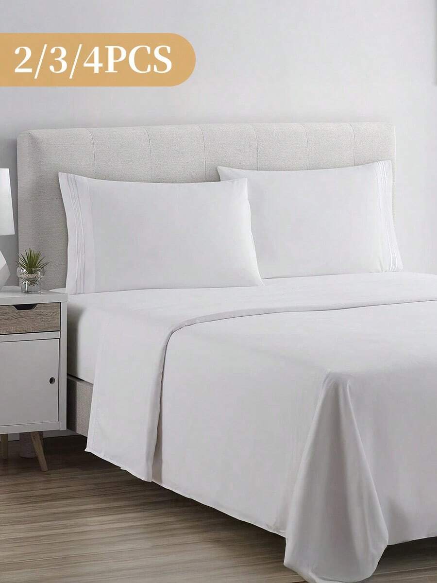 2/3/4pcs Fitted Sheets Set, Bedding, Bed Sheets, Solid Color Bedding Sheets Set With Deep Pocket, Fall Decor, Halloween Decor, Room Decor, Luxury Soft Bedding Sheets And Pillowcases, 1 Flat Sheet, 1 Fitted Sheet And 2 Pillowcases, All Seasons, Halloween Gift, Machine Washable, For Single, Twin, Full, Queen And King Sizes - 白色 - 查看 1