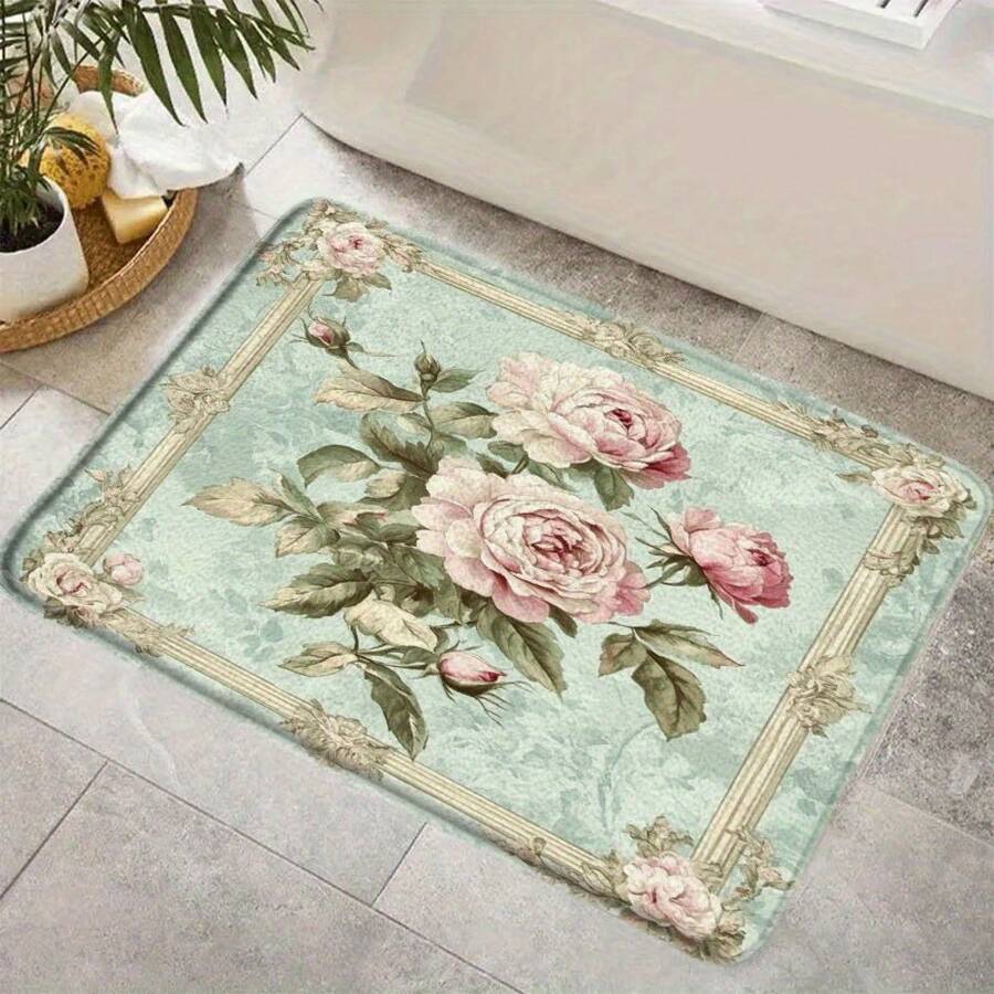1pc Flannel Vintage Floral Bath Mat With Pink Roses & Green Leaves - Elegant Light Green Background, Soft Flannel Material, Perfect For Bathroom, Bedroom, Kitchen, Entryway, Indoor & Outdoor Home Decor, Indoor Decor Mat - 白色 - 查看 1