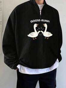 Customized Plus Size Men's Sweatshirt With Funny Goose Print, DIY Pattern & Text, Casual Crew Neck Long Sleeve Half-Zip Pullover Hoodie, Suitable For Autumn/Winter
