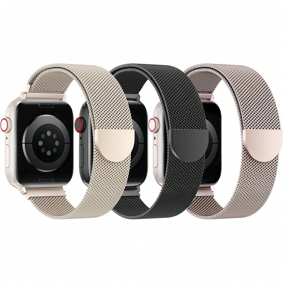 3 Paquetes de Correas de Malla Compatible con Watch para Mujeres y Hombres 40mm 41mm 38mm 42mm 44mm 45mm 49mm 46mm Series 11 10 9 8 6 5 4 Ultra3 SE3 2, Correa Magnética de Metal de Acero Inoxidable para - Oro + Negro + Plata - Ver 1