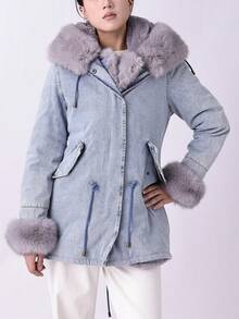 Damen Denim Jacke mit Fellkragen und Taschen für Herbst/Winter Pendeln von Risissida - Graue Haare - Übersicht 6