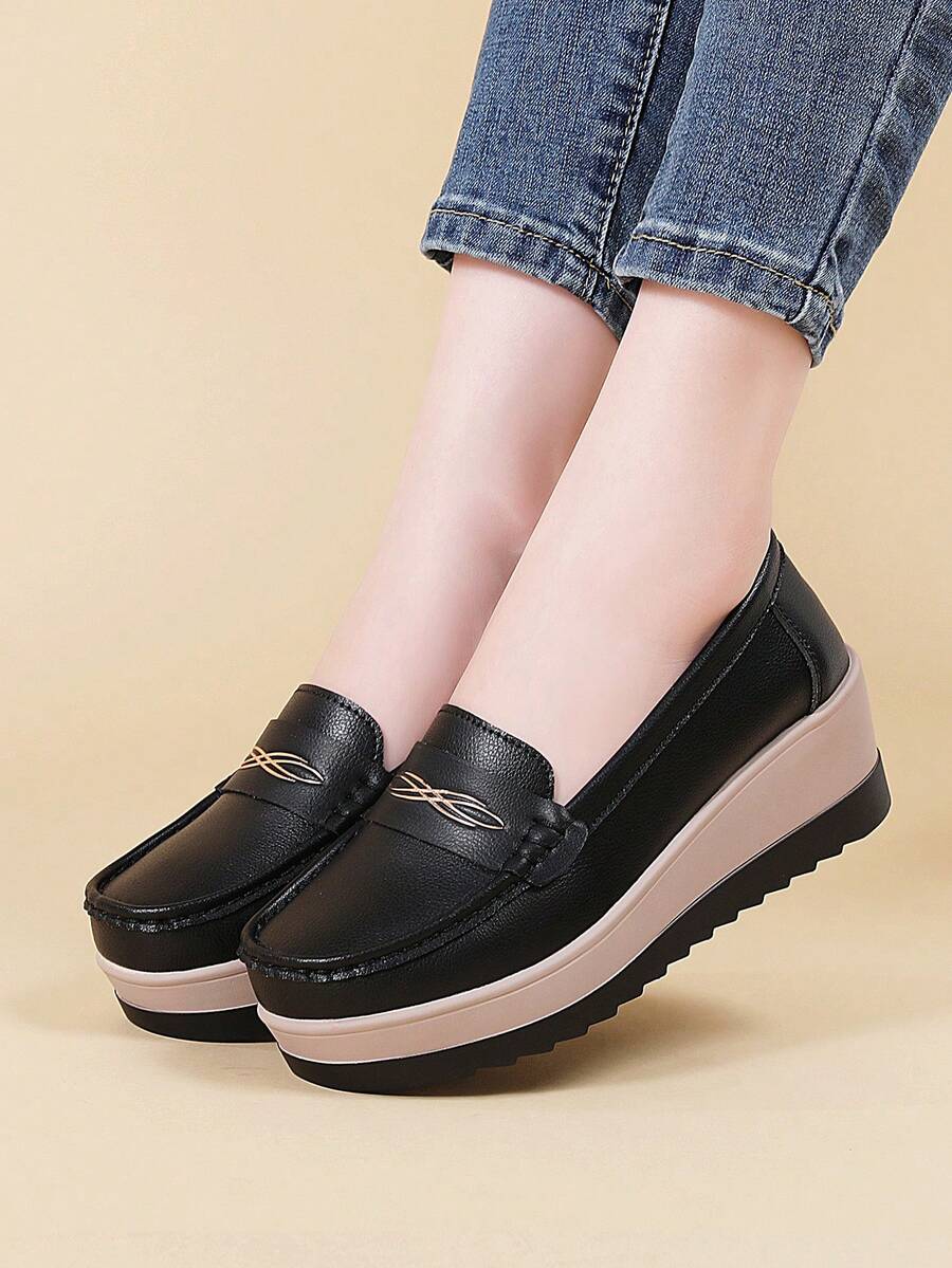 女士时尚厚底压花印花增高百搭厚底一脚蹬休闲鞋 - 黑色 - 查看 1