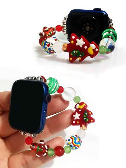1pc Cute Elastic Christmas-Themed Watch Band Compatible With Apple Watch 38/40/41/42/44/45/46/49mm, Christmas Tree & Gingerbread Man Accessory Band Suitable For Apple Watch Ultra Series 1-10 & SE, Christmas Gift (Watch Band Only)