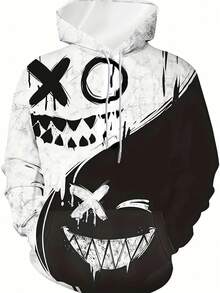 男士3D数码印花休闲运动连帽衫，创意笑脸图案，街头风图案设计套头连帽卫衣，带口袋，是秋季送礼佳品，长袖上衣