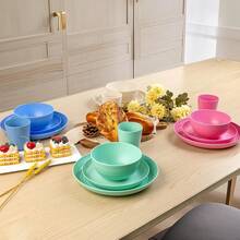 16/32pcs Kitchen Wheat Straw Large Size Dinnerware Set, Service For 4/8, Unbreakable Modern Dish Set-Dinner Plate/Dessert Plate/Cereal Bowl/Cup, Lightweight Tableware, Perfect Camping And Everyday Use - 彩色 - 查看 5
