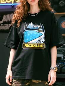 Scenic-Winter-Wonderland-Cabin-By-Frozen-Lake-T-Shirt - 黑色 - 查看 1