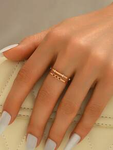 1枚不锈钢玫瑰金镂空双层心形立方氧化锆戒指，时尚百搭甜美风格，适合女性日常佩戴、派对、生日、礼物等场合。 - 尚雙層鏤空小愛心戒指 - 查看 3