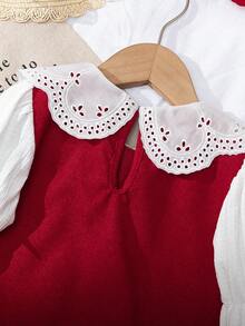 BASUSARRI 女童蕾丝彼得潘领长袖蝴蝶结纽扣直筒连衣裙，圣诞红灯芯绒舒适时尚可爱连衣裙，适合外出 - 紅色 - 查看 5