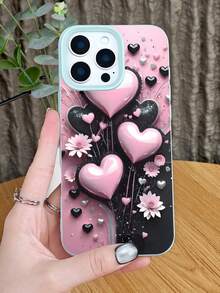 Schutzhülle mit rosa Herz  und Blumendesign für romantisches, ästhetisches Liebesmuster, robuste, stoßfeste Abdeckung, kratzfest, Fallschutz, Telefonzubehör, kompatibel mit iPhone 16promax/16pro/16plus/16/15promax/15pro/15plus/15/14promax/14pro/14plus/14/13promax/13pro/13/12promax/12pro/12/11promax/11pro/11/X/XSmax