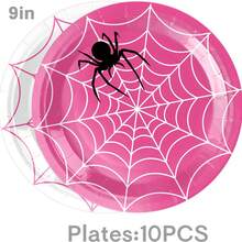 10 piezas Vajilla desechable de araña rosa de 7/9 pulgadas, bandeja redonda desechable para postres, vasos de papel, servilletas, adecuado para fiesta con tema de araña, fiesta de cumpleaños, fiesta familiar, fiesta con amigos, suministros para cena