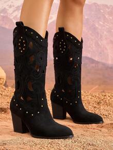 女士及膝靴，镂空透气西部靴，尖头粗跟高跟靴，性感一脚蹬靴，时尚派对宴会黑色中筒靴 - 黑色 - 查看 1
