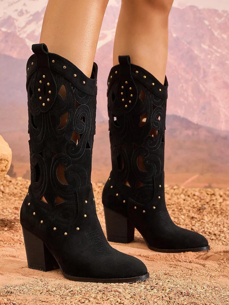 女士及膝靴，镂空透气西部靴，尖头粗跟高跟靴，性感一脚蹬靴，时尚派对宴会黑色中筒靴 - 黑色 - 查看 1