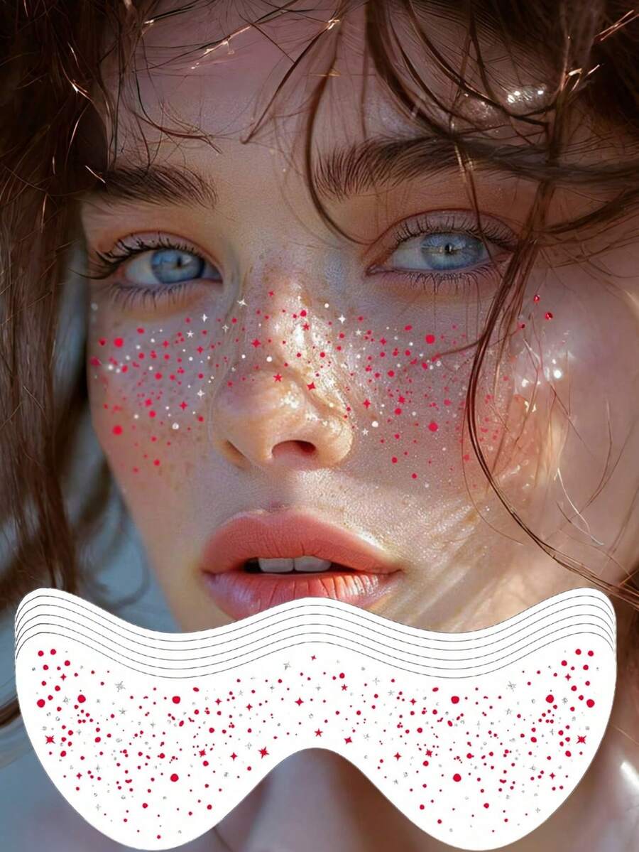 6 PCS Red-Silver Dual-Tone Glitter Freckles Colors Face Tattoo Waterproof Sparkle Freckles Long-Lasting Sparkle Freckles For Women's Makeup Festivals Music Parties Valentine's Day - Red - View 1