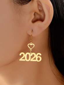 1对欧美2026新年耳环创意几何镂空时尚简约数字耳环女耳钉 - 金色 - 查看 2