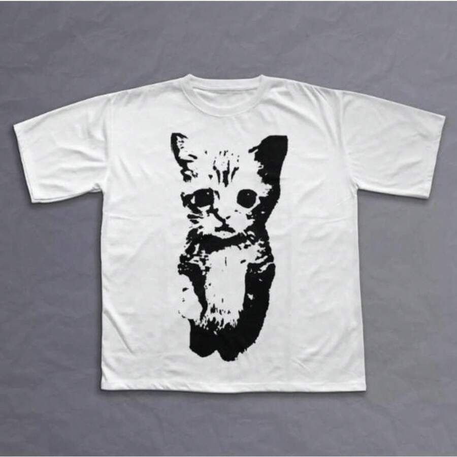 Cat Y2k T-Shirt, Unisex Vintage Graphic Tees Gothic Grunge Y2k Emo Scene Amity  Style Clothes Men Women Streetwear Menswear Top - 白色 - 查看 1