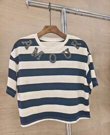 Camiseta listrata Algodão importado femininas modas DXY8335  Listrado  Bloco de cores    Férias  Casa