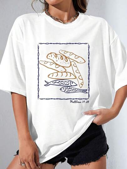 Women's White T-Shirt, 180g, 100% Cotton, Round Neck And Short Sleeve With Loaves And Fishes Design, Inspired By Matthew 14:20, Ideal For Casual Look With Modern Style And Comfort