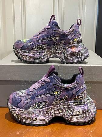 2025 Spring/Autumn Rhinestone Thick Sole Sneakers For Women, Fashionable Elevated Casual Running Shoes