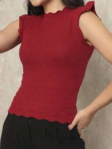 ONLYONE - JAPANESE MODAL SLEEVE CROPPED TOP WITH WAVE DETAIL HEM - FIMINAS BLOUSES KNITTED BLOUSES - 血紅色 - 查看 2
