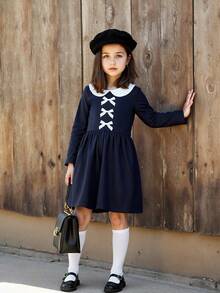 Girls' Long Sleeve Dress, Peter Pan Collar Bow Retro Style Dress, Navy Blue French Style Party Dress | Cute Young Girl Spring Outfit - Navy Blue - View 7