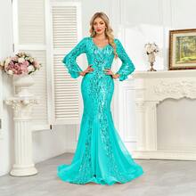 hezixi Elegant Shiny Sequin Splice Zipper Dress, Suitable For Party, Date Night, Birthday, Anniversary, Music Festival, Cocktail, Formal Dinner, Wedding Guest, Singles Party, Stage Performance, Everyday Wear, All Season - Mint Green - View 12