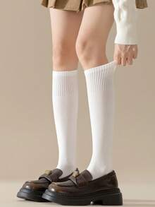 1双女士秋季过膝袜，高筒防滑修身纯色小腿袜，舒适袜子