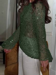 Yuwenier Sexy Hollow Out Sheer Sequin Embellished Crochet Cover-Up Batwing Long Sleeve Loose Fit Tops Rave Party - Army Green - View 3