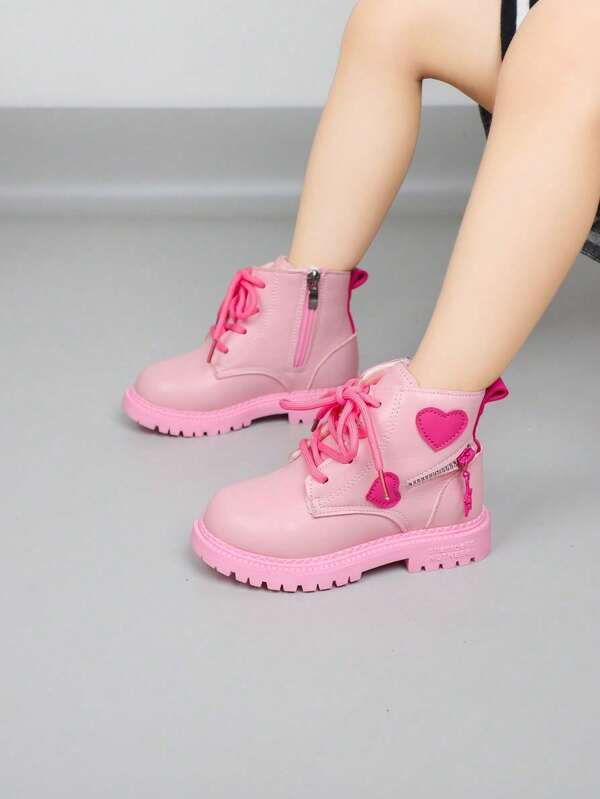 1 par de botas casuales de moda con cierre de cremallera lateral y cordones de dos tonos con diseño de corazón para niñas, botas cortas para niños, botas de cuero para exteriores, adecuadas para otoño/invierno